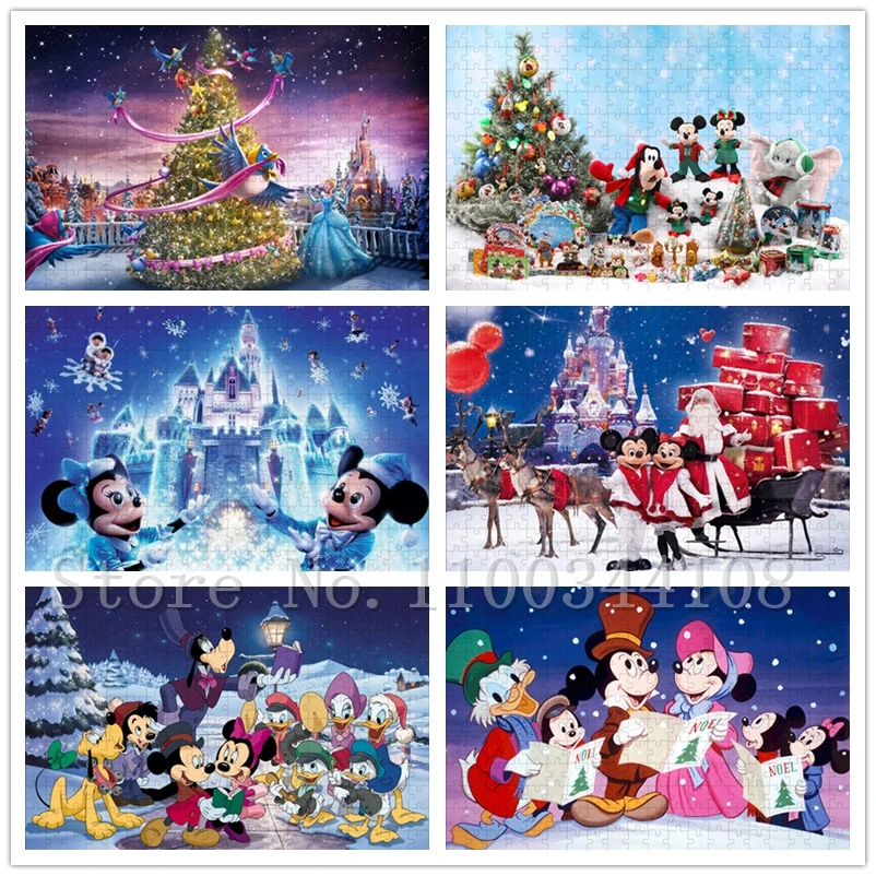 

Disney Christmas Jigsaw Puzzles for Children Intelligence Toys Mickey Mouse Cartoon Puzzles Handmade Assemble Toys New Year Gift