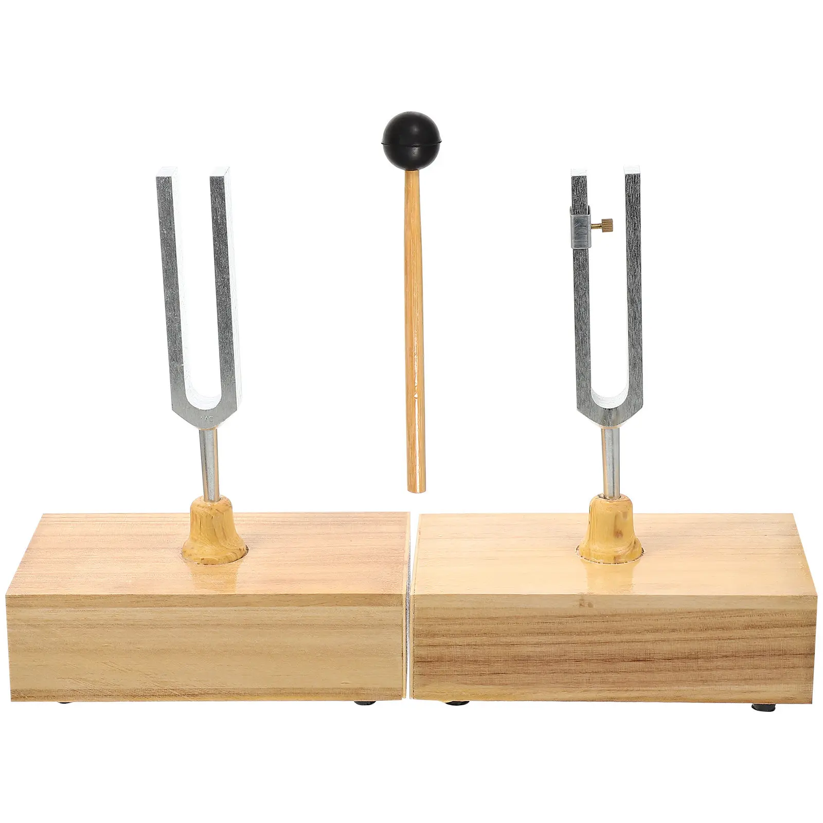 1Set Physical Experiment Metal Tuning Fork Wood Base Hammer for Education Acoustic Experiment Musical Testing Instrument