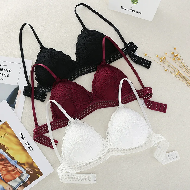 Women Sexy Lace Bra No Steel Ring Beauty Back Wrapped Chest Comfortable Deep V Brassiere Stretch Triangle Cup Padded Underwear