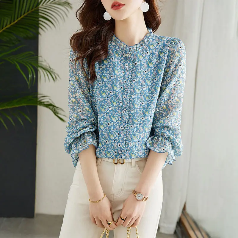 

Women's Clothing Spring Summer Pullover Crew Neck Petal Long Sleeve Chiffon T-Shirts Printed Contrast Color Comfortable Tops