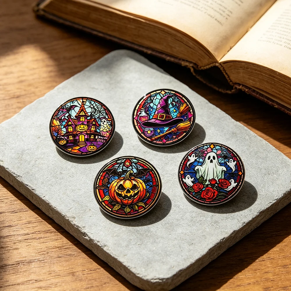 4Pcs Halloween Stained Glass Style Enamel Pins Set, Round Witch Ghost Pumpkin Brooches Perfect Holiday Friend Gift