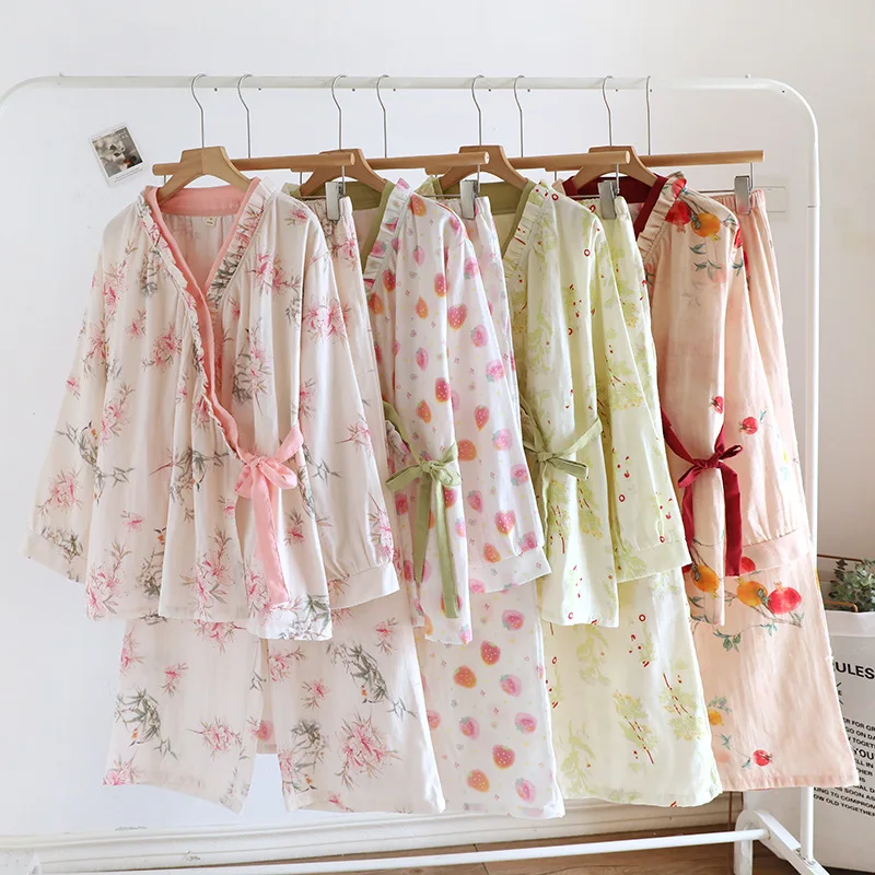 2026 New Spring and Autumn Women's Kimono Set 100% Cotton Gauze Chinese style Cardigan Long Sleeve Loose Simple Pajama Set