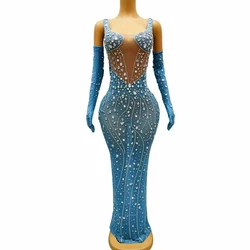 Women Sexy Sparkly Rhinestones Pearls Transparent Long Dress Gloves Birthday Celebrate Prom Gowns Singer Evening Party Costume