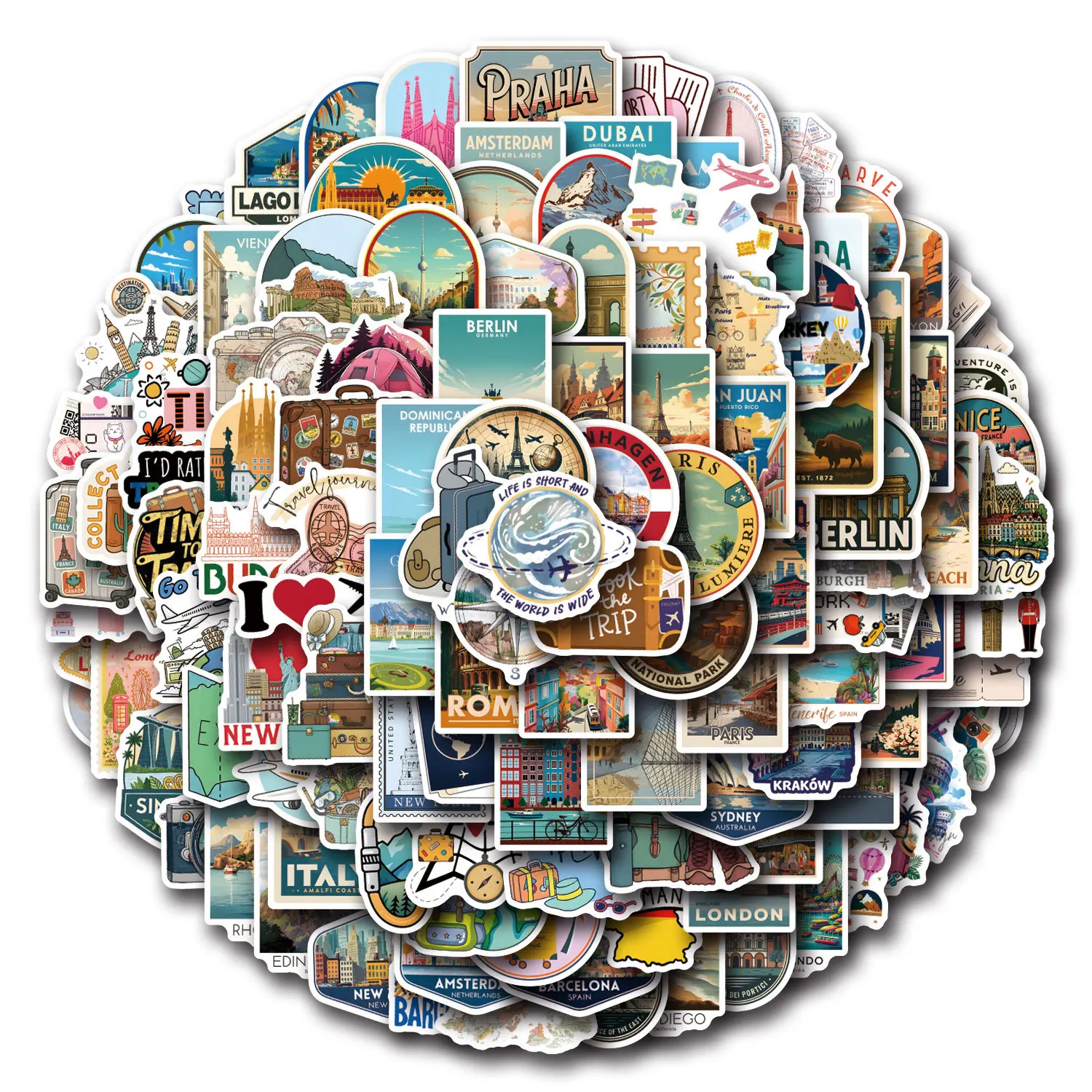 60/120 PCS European Travel Stickers Set Aesthetic Famous Buildings Decals for DIY Luggage Decoration Travel Graffiti Sticker Pac