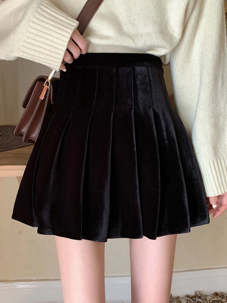 Gold Velvet Black Short Skirt Female Autumn and Winter Wear 2022 New High Waist Skirt All-match A-line Pleated Skirt