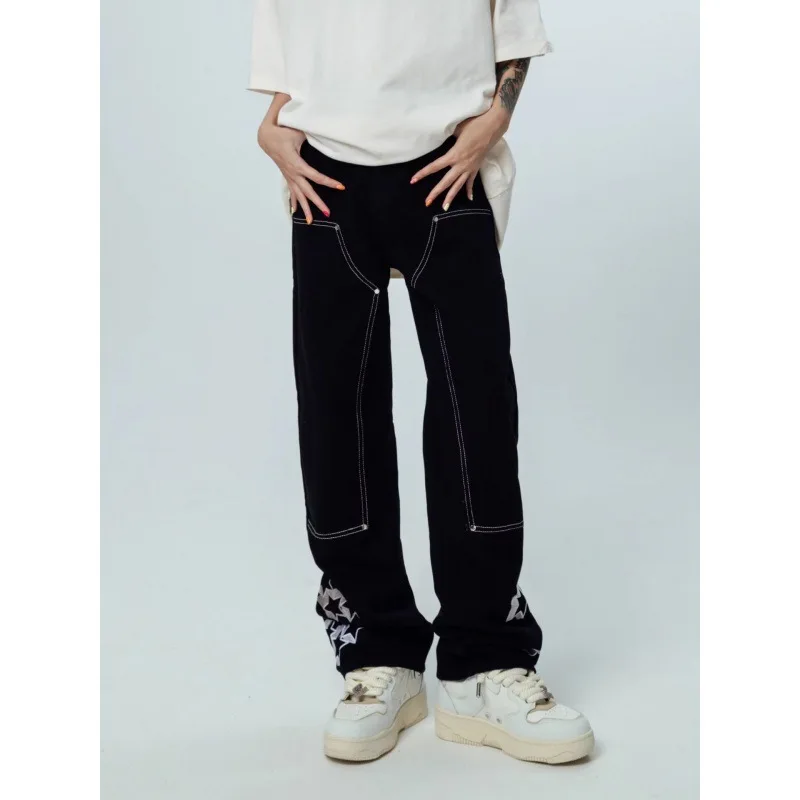 

Four Seasons Men's Trendy Black Loose Casual Jeans Pants American Stars Embroideried Sraight Denim Trousers Male Strreetwear