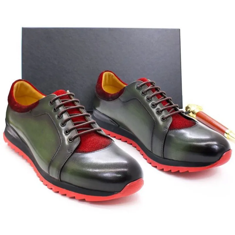 

Italian Design Men's Genuine Leather Casual Sneakers Green Mixed Color Men Nature Leather Oxford Shoes Plus Size 38-46