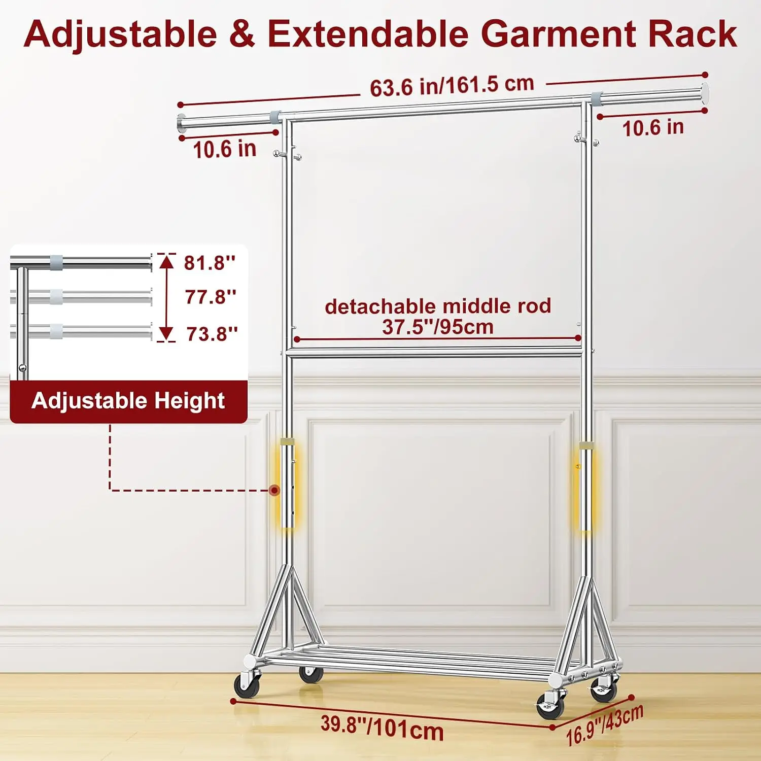Steel Heavy Duty Tall Clothes Rack Load 860LBS, 73-81
