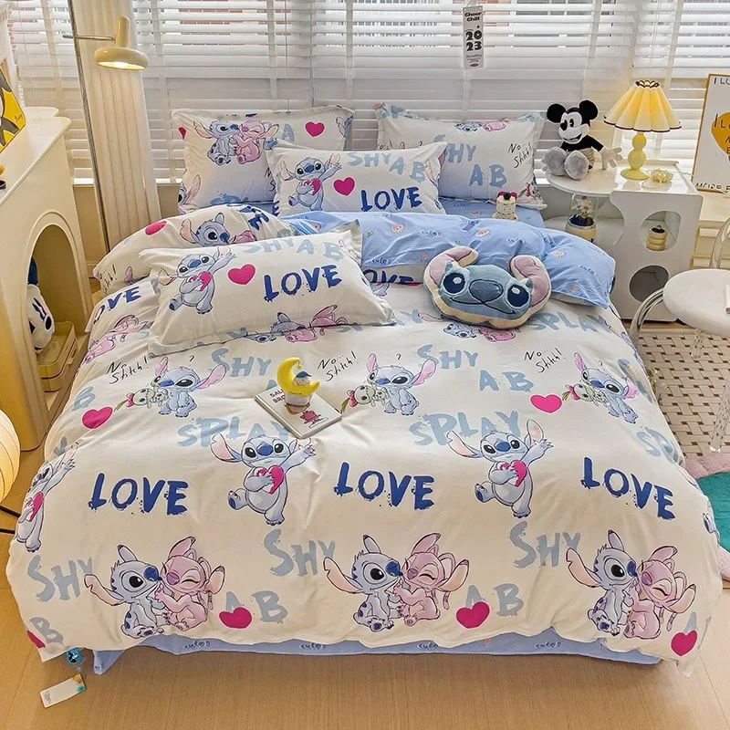 Juego de cama Disney Stitch Mickey Mouse, sábanas con estampado de dibujos animados, juego de sábanas de poliéster de 4 piezas, juego de colcha,