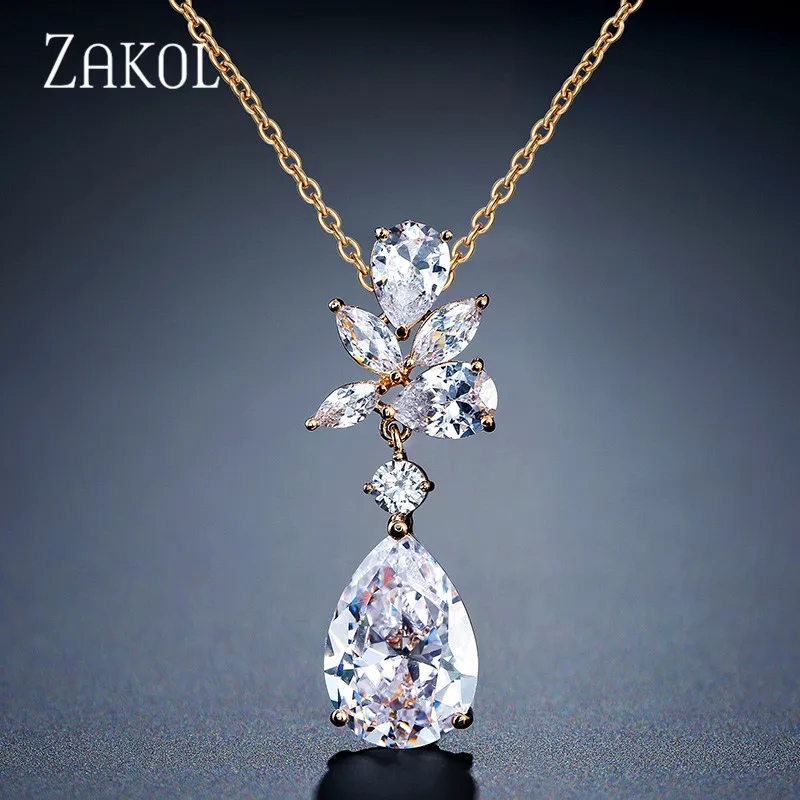 ZAKOL Fashion Water Drop Cubic Zirconia Pendant Necklace for Women Sliver Color Leaf Bridal Wedding Party Jewelry NP2143
