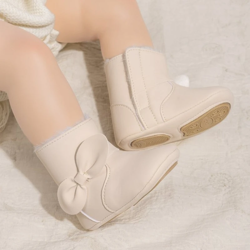 

First Walkers Girls Boys PU Leather Booties Pretty Lace Bowknot Flowers Star Soft Anti-slip Sole Winter Warm Toddler Kids Shoes
