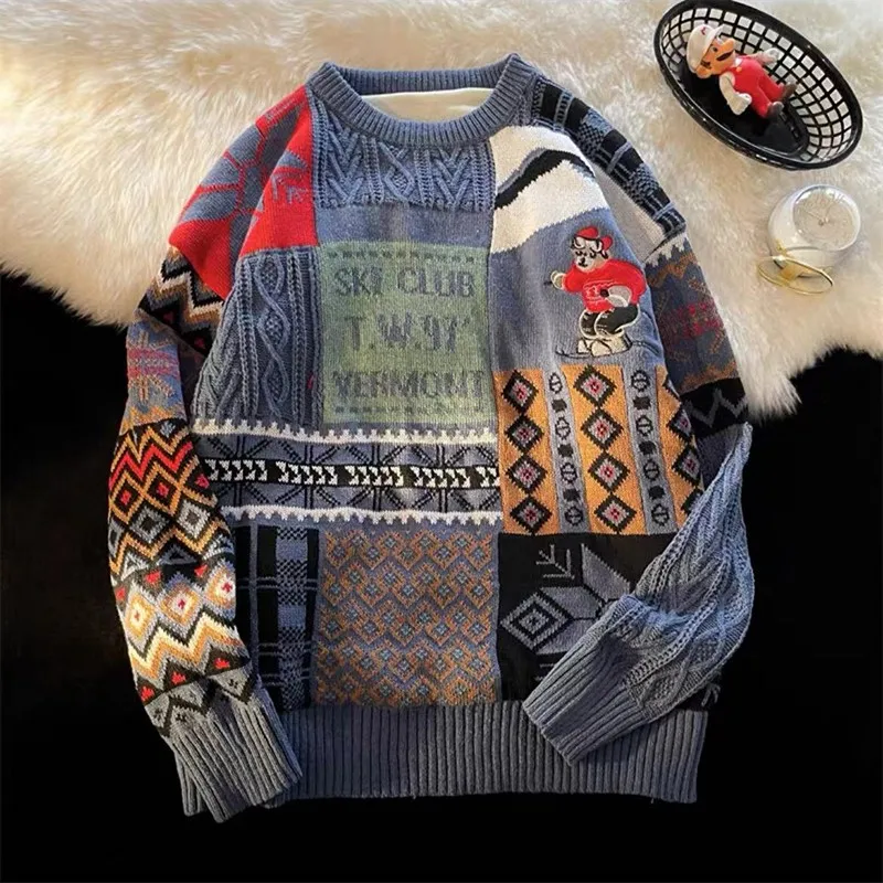 

Retro Knitted Sweater with Bear Pattern Loose Fit round Ne for Men And Women Warm Autumn Winter Top Trendy Youth Sle