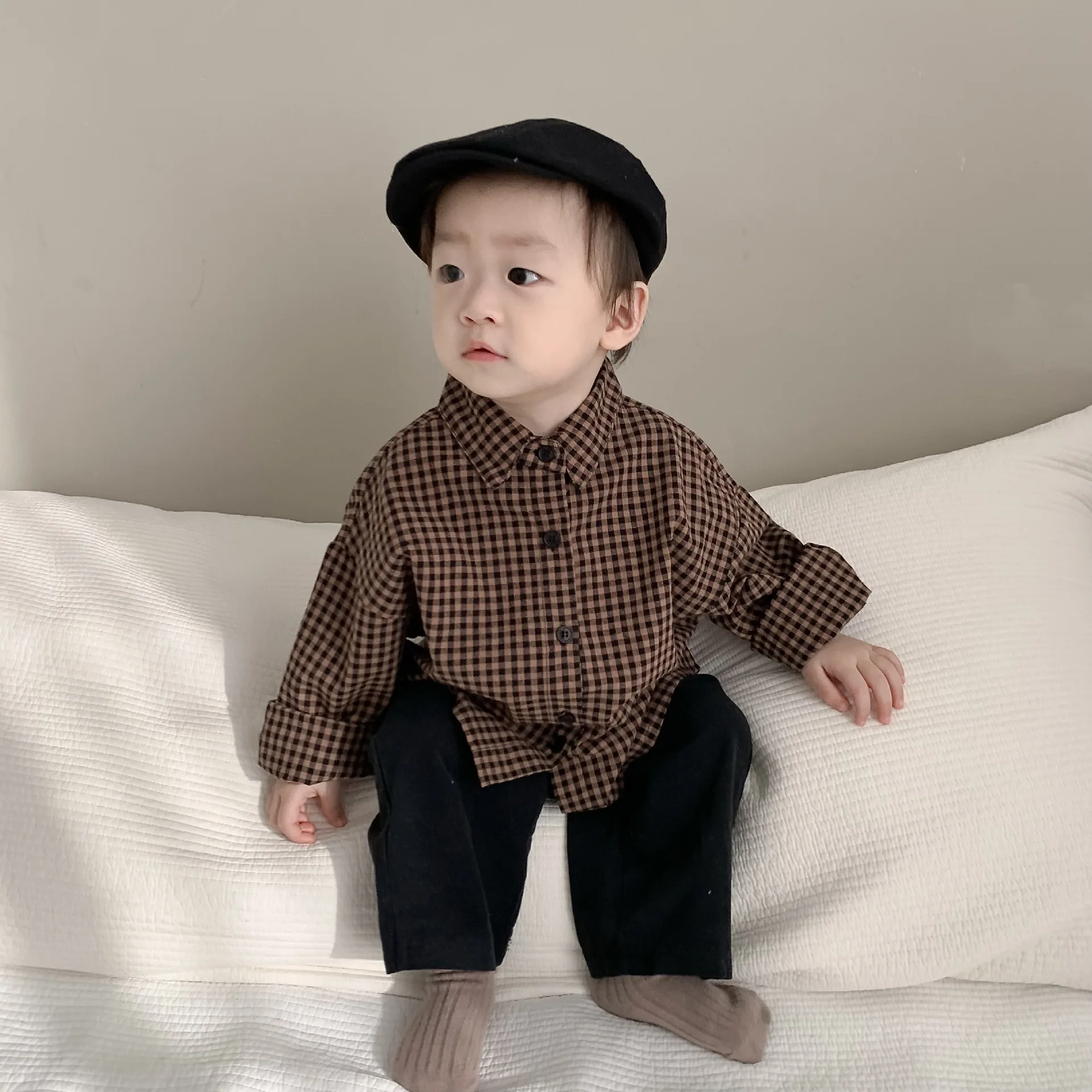 Blouses Go Out Spring Korean Childrens Clothing Autumn New Baby Lapel Collar Lattice Shirt 2024 Simple Fashion Causal