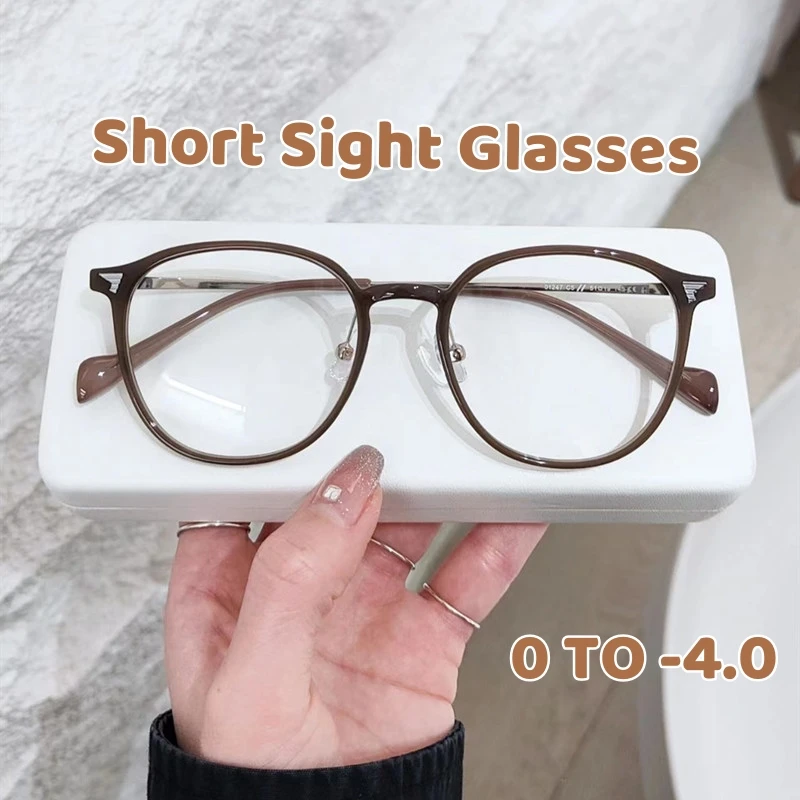 Anti-Blue Light Short Sight Glasses Ultra Light Milk Coffee Myopia Glasses Women's Retro Large Oval Frame Near Sight Eyewear