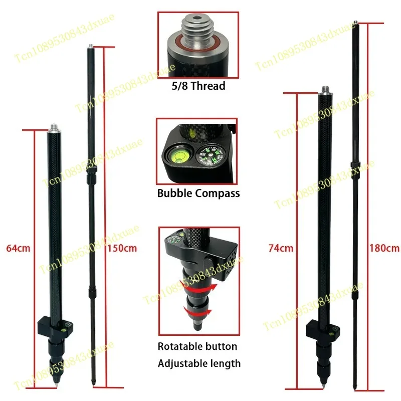 Telescopic Centering Pole Portable Carbon Fibre Pole 74-180cm/64-150cm RTK GPS Prism Pole Surveying Rod 5/8x11 Thread