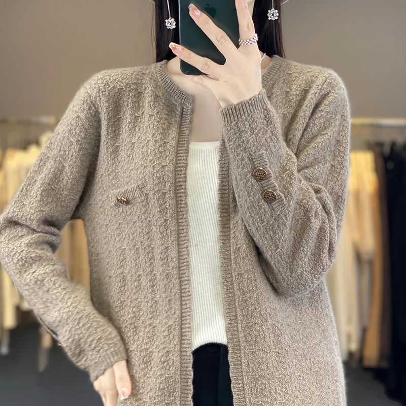 100% Pure Wool Cardigan Round Neck Sweater Women\'s 2024 Spring/Autumn New Knit Cashmere Jacket Korean Luxury Loose Sweater Coat