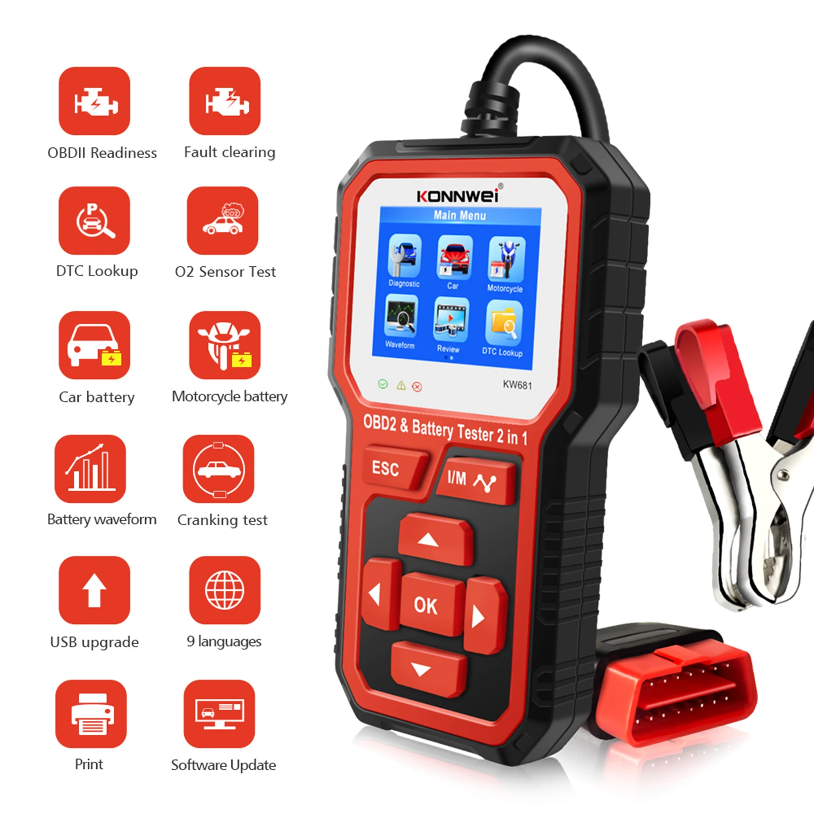 KONNWEI KW681 Car&Motrocycle Battery Tester & OBDII Diagnostic Scanner Tool 2 in 1