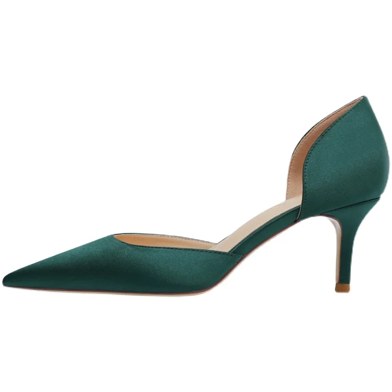 Dark Green Satin Pumps Women New Sexy Pary Dress High Heels 6cm Medium Stiletto Pointed Toe Slip-on Hollow Daily Wear Shoes