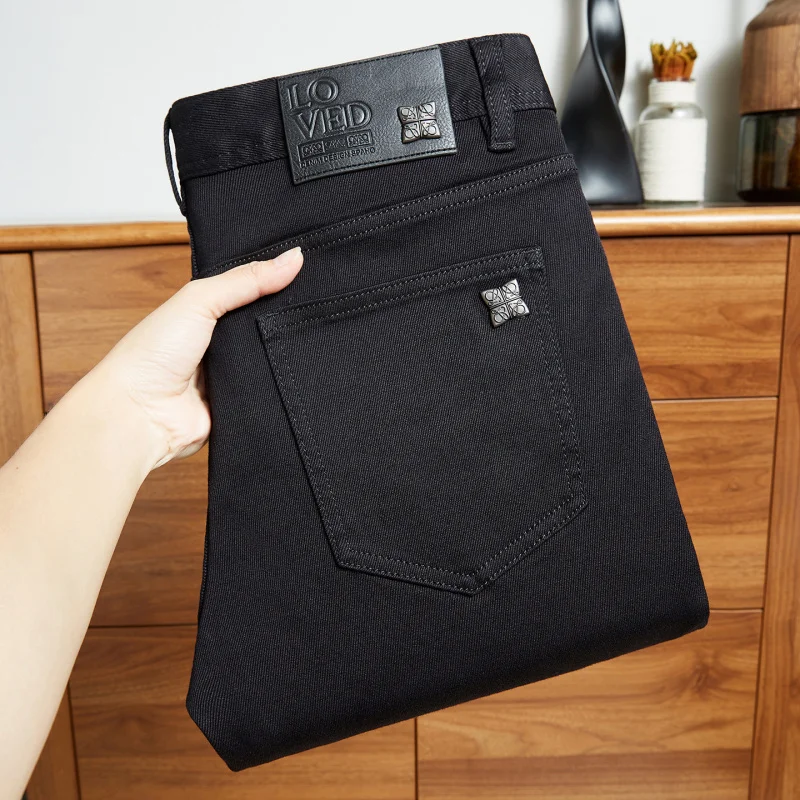 Autumn and winter black men's jeans thick, high-end small straight leg casual European version men's pants