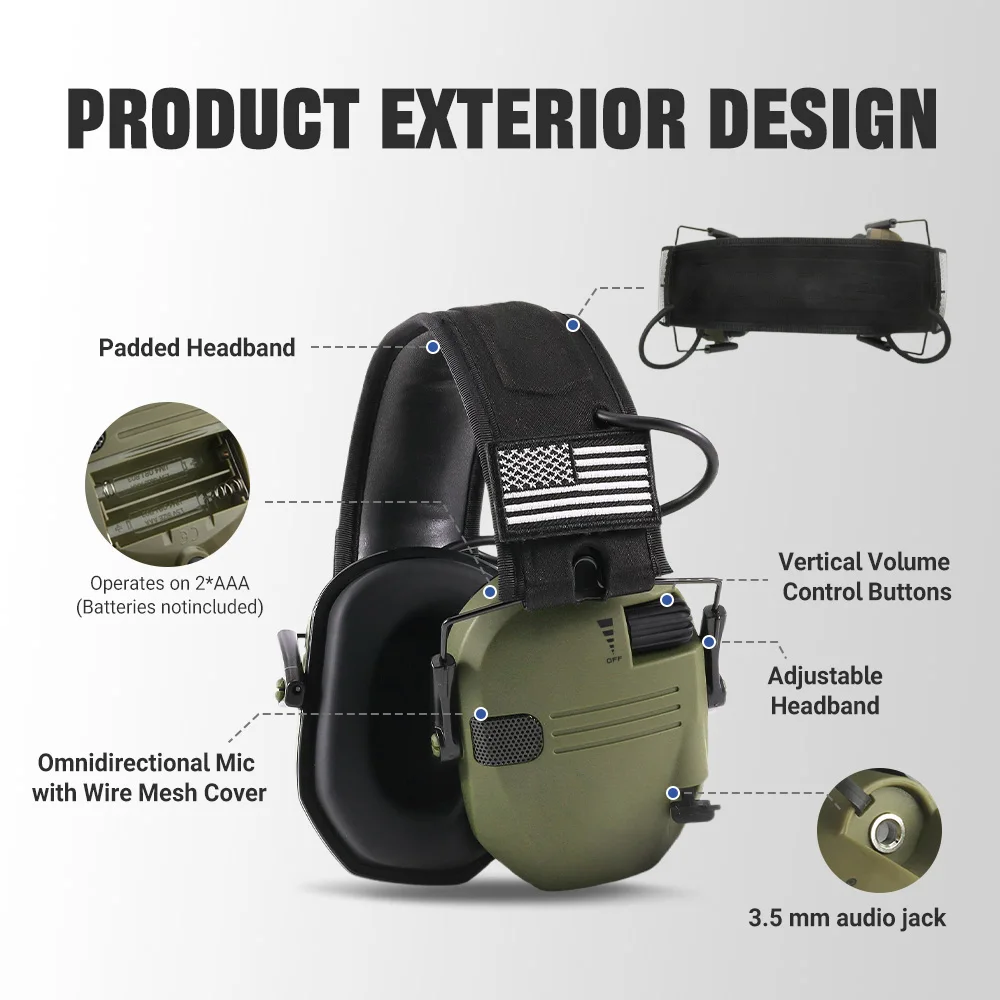 غطاء للأذنين تكتيكي للرماية NRR 23dB مع خاصية إلغاء الضوضاء النشطة وتعزيز الصوت البشري للرياضات الخارجية والسلامة