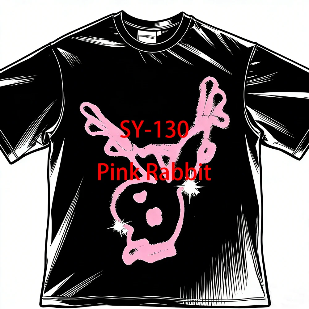 SY-130 Unisex Cotton Short Sleeve Tee Jogger T-shirt Summer Tracksuit Top Jersey Pink Rabbit Print Short-sleeved Shirt