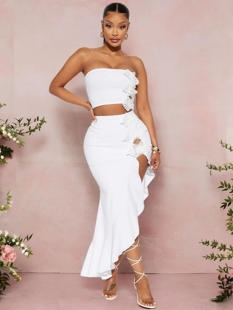 

Женский комплект Wmstar, оптовая продажа, с высоким разрезом, без бретелек, с рюшами, кружевной комплект из двух предметов, вечерние летние наряды, необычные клубные одинаковые комплекты, 2025