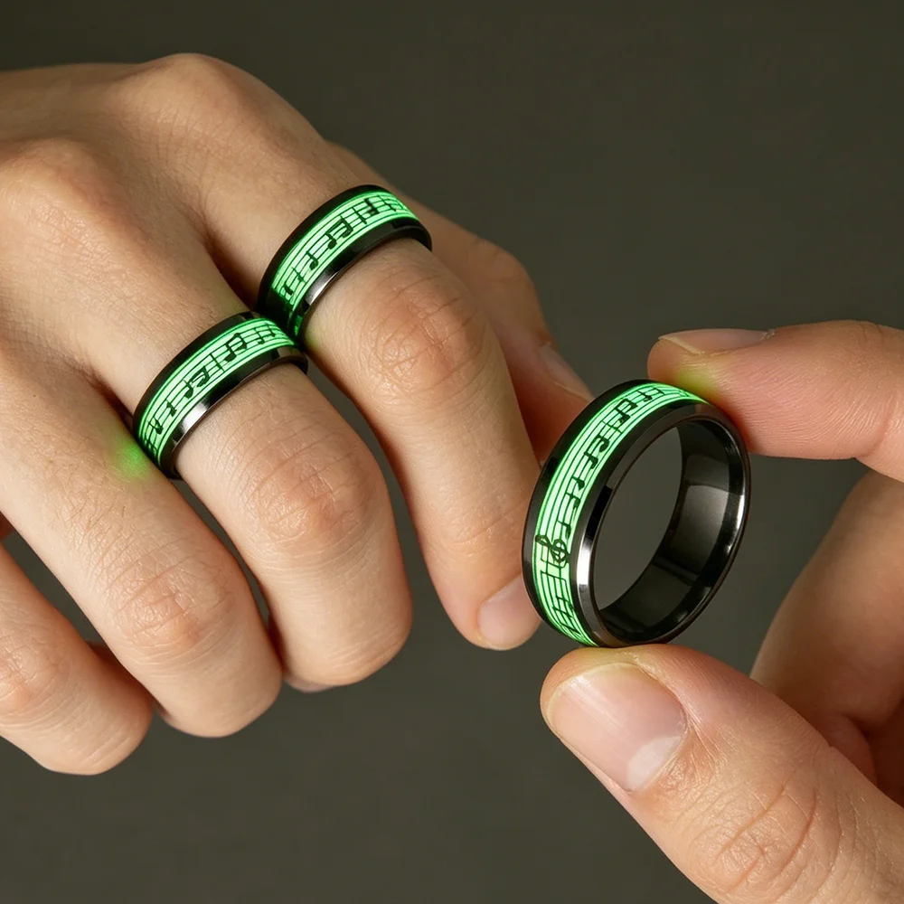 Anillo de acero inoxidable que brilla en la oscuridad, diseño de notas musicales de piano, anillos de banda cómodos, accesorios informales para fiestas y citas