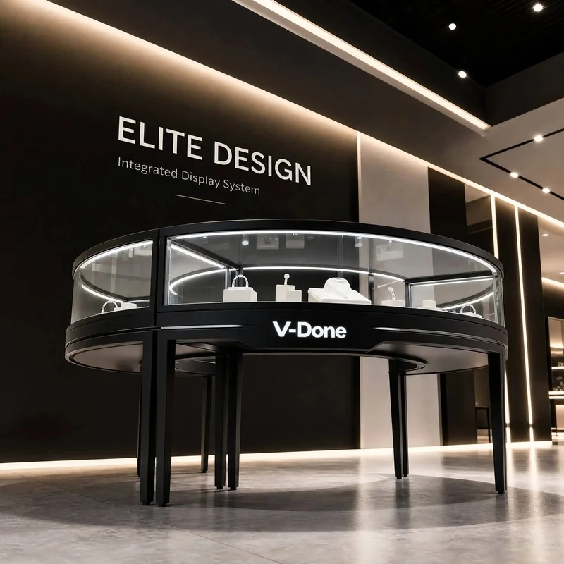 custom.Luxury Matte Black Circular Jewellery Island Showcase Curved Glass Display Cabinet With LED Light Retail Boutique