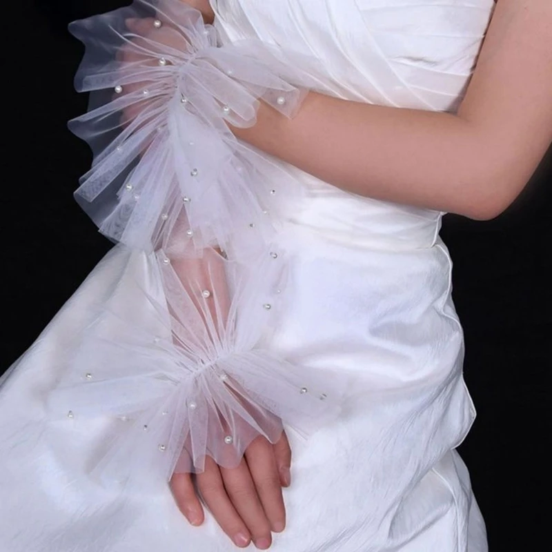 우아한 Tulle 손목 커프스 False Sleeve Jabot 의상 액세서리 흰색 프릴 브림 진주 단추 레이스 팔찌