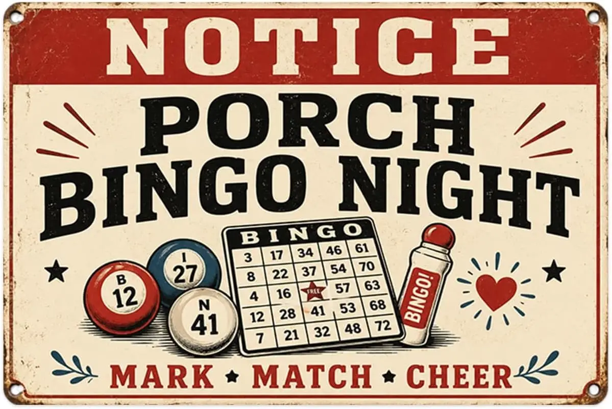 Porch Bingo Night tin Sign Vintage Retro Bingo Game Metal Signs Aesthetic for Home Bedroom Kitchen Bar Garden & Outdoor Wall