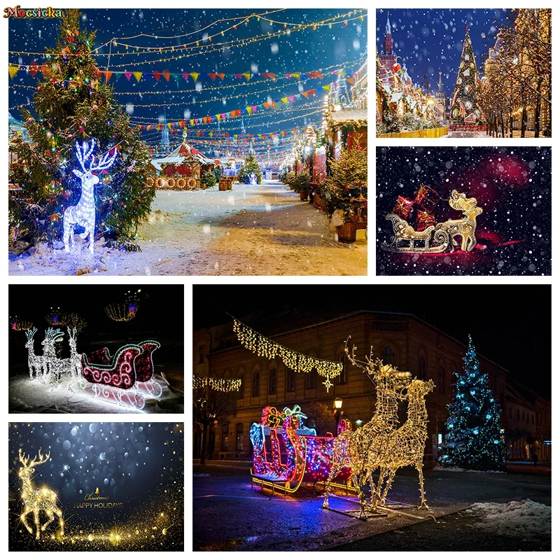 Mocsicka Christmas Cart Decoration Photography Background Xmas Trees Elk Gifts Sparkling Lights Snowflakes Photos Backdrop Props