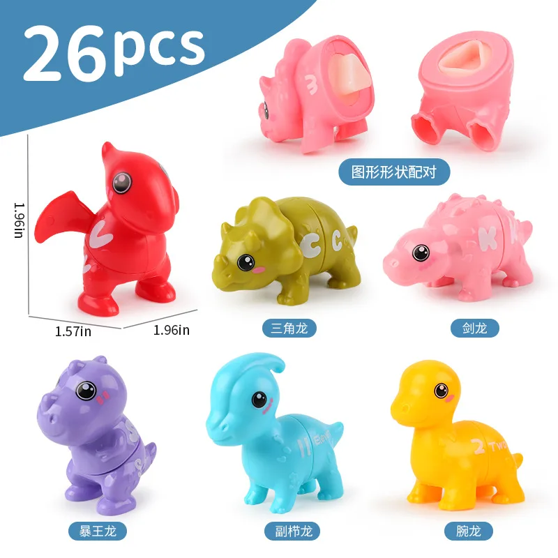 Puzzle z dinozaurami, dopasowywanie numerów i liter, narzędzie edukacyjne do nauki, dopasowywanie kolorów i kształtów.