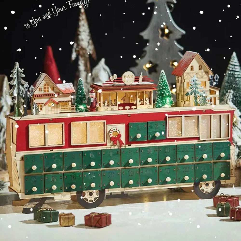 Wooden Sleigh Advent Calendar Creative Christmas LED Christmas 24 Countdown Calendar Wooden Bus Scene Home Decoration Ornament