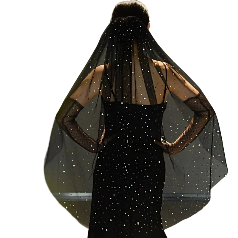 

Wedding Veil Cool Studded Sequins Veil Bride Hair Accessoies Black Sheer Tulle