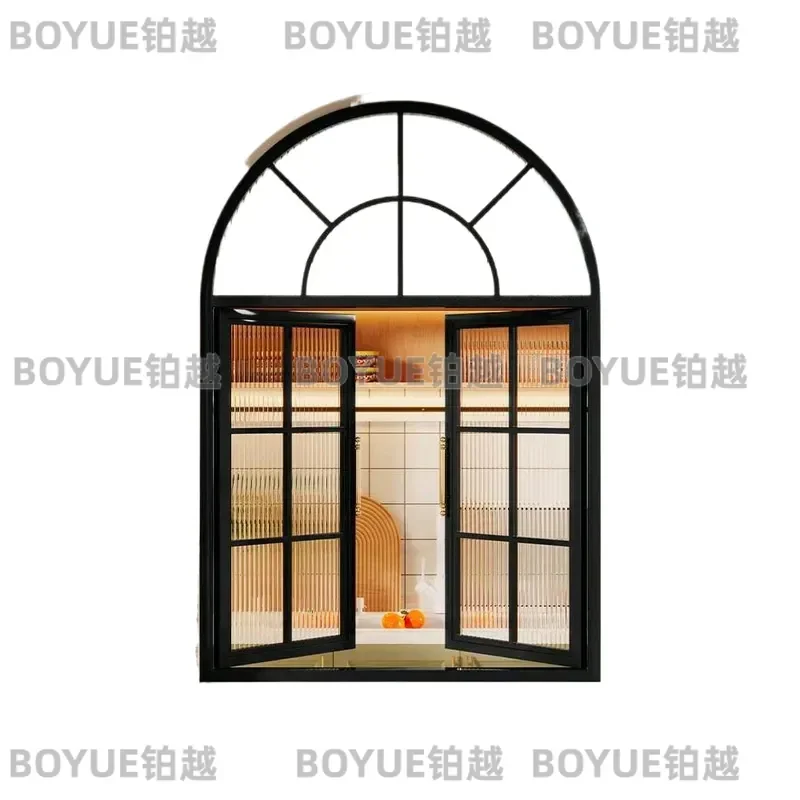 French Retro Arched Glass Window Double Open Indoor Partition Wrought Iron Decorative Door Frame Vintage Style Home Interior