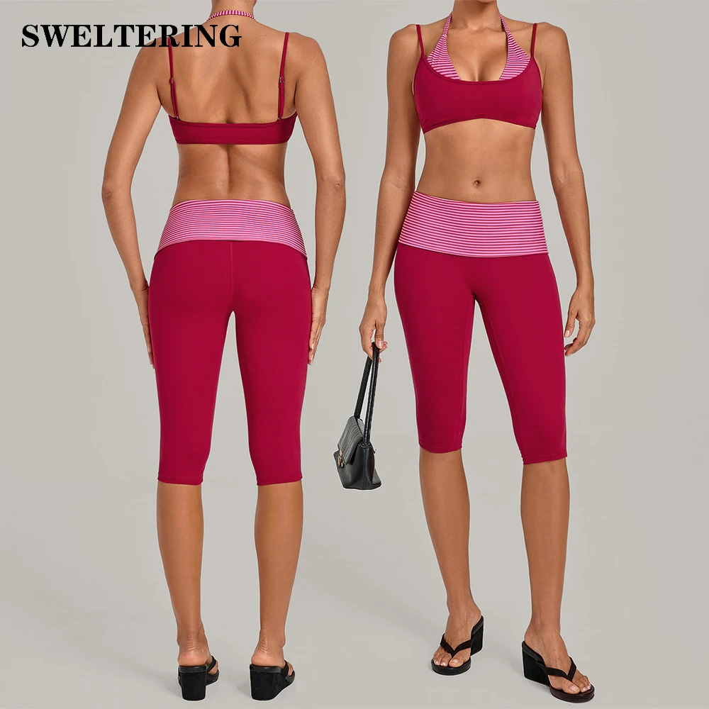 2PCS Yoga Suit Women's Polka Dot And Striped Workout Set Gym Outfits Female High Waist Butt Lift Capri Pants Fitness Clothes