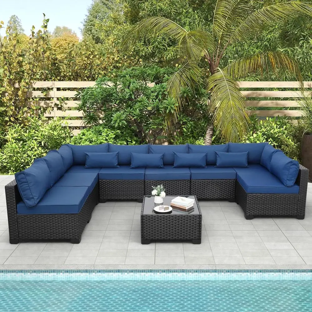 

9-Piece All-Weather Wicker Outdoor Patio Sectional with Glass Table, Navy Cushions & Waterproof Covers