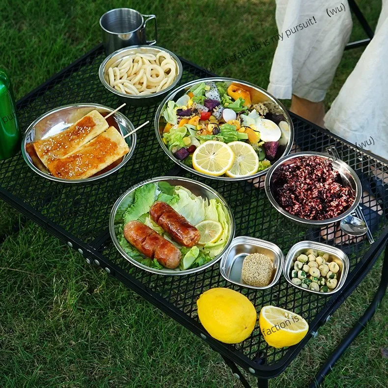 Outdoor stainless steel dinner plate 17-piece set, camping barbecue tableware, portable self-driving tour, barbecue plate, soup