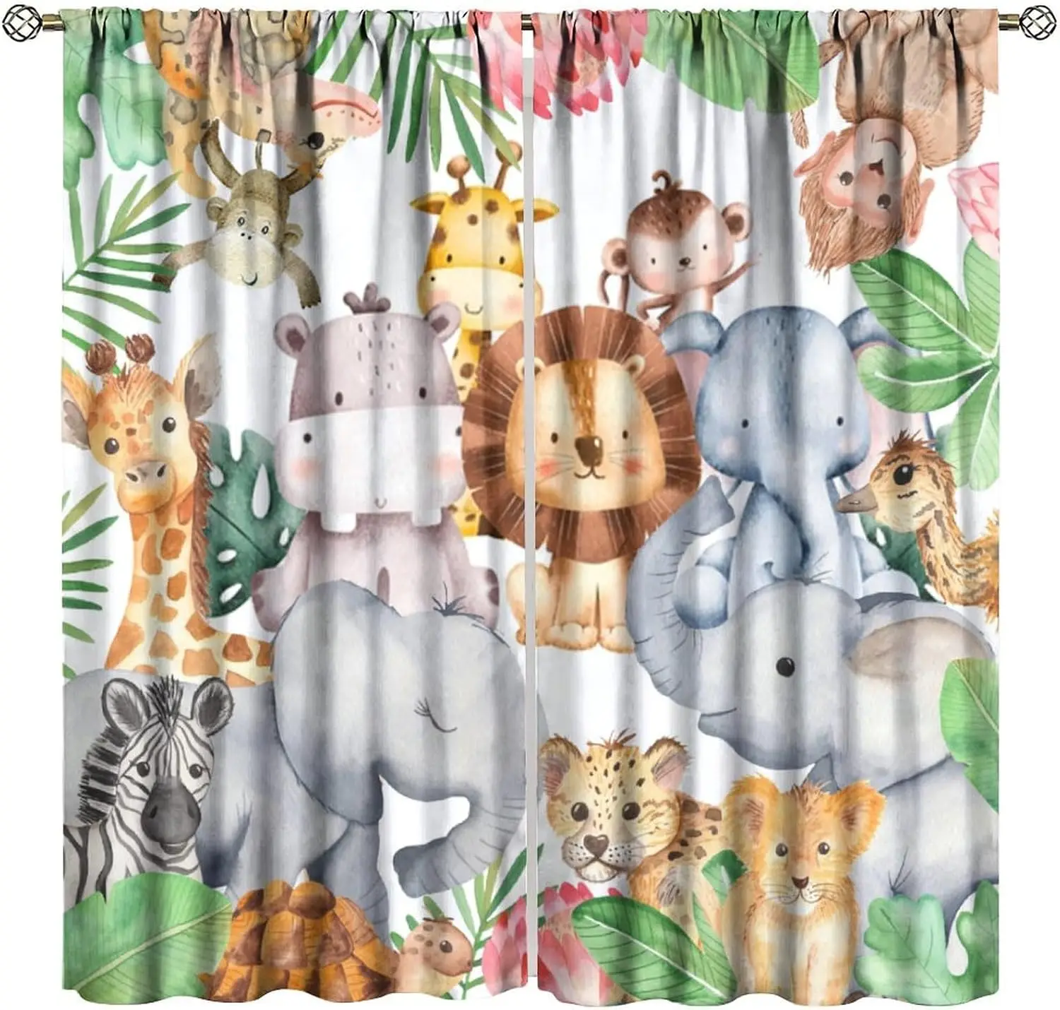 Boho Jungle Safari Animal Curtains Pair Nursery Window Drapes Kids Lion Giraffe Elephant Woodland Theme Print for Children Room