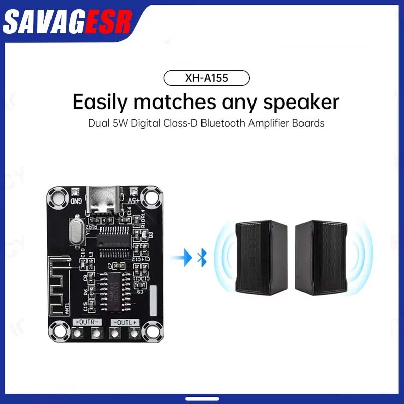 DC5V Mini XH-A155 PAM8403 Ultra clear D-class Bluetooth 5 Digital Amplifier Board 5W+5W Amplifier Board TYPE-C DC5V Power Supply
