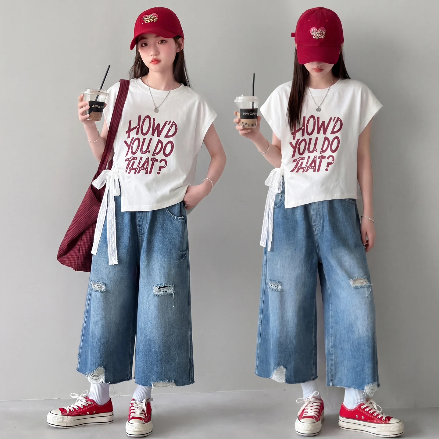 Girls Summer Casual Two-Piece Set Thin Short Sleeve T-Shirt And Eighteen Pants Trendy Comfortable Outfit for Big Kids