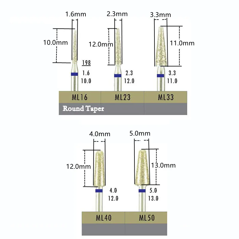 5pcs/Set Dental Diamond Drill Bit Round Taper Cylinder Bur Lab Dentistry Tools HP Electroplated Medium Grind Zirconia Sharp