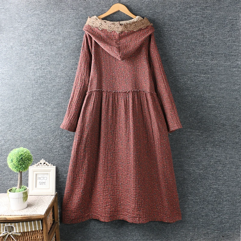 New Vintage Hooded Long Sleeved Floral Dress Women Loose Casual Dresses Mori Girl Cotton Linen Spring Autumn Tunic Dress