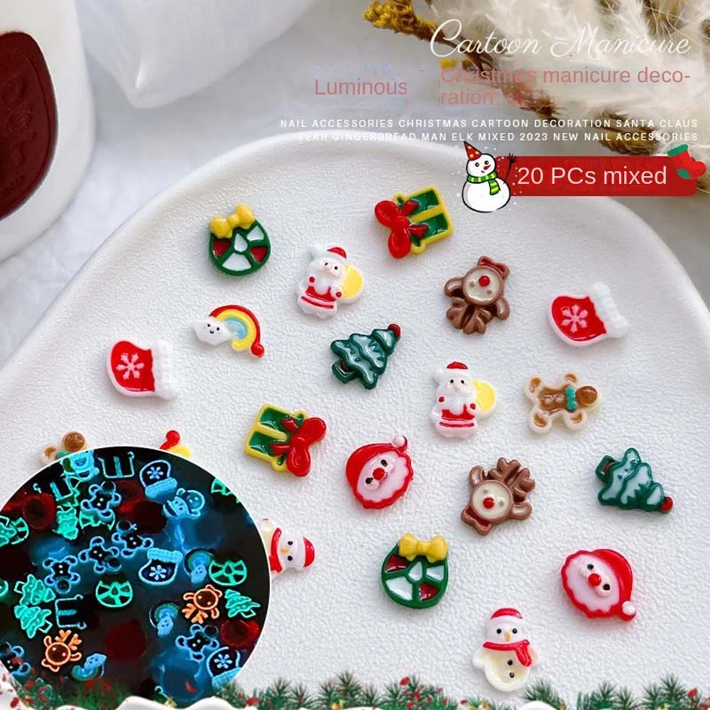 20Pcs Christmas Luminous Resin Nail Art Charms Gingerbread Snowflake Red Socks Slice Winter Xmas Nail Decoration Accessories