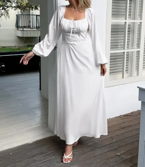 

Autumn Square Collar Lace Up Waist Cinching Backless Slim Fit Long Sleeved Dress for Women, Elegant Solid Color A-Line Dress