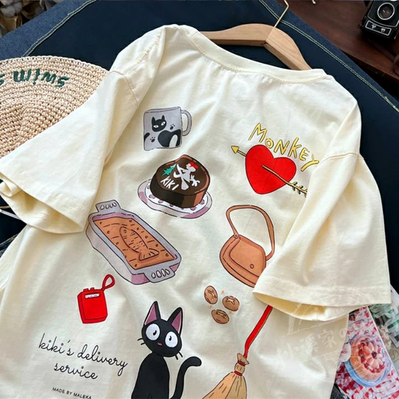 تي شيرت ياباني كانجي مطبوع عليه رسوم كرتونية لطيفة Y2K تي شيرت صيفي قصير الأكمام برقبة دائرية من القطن تي شيرت بأكمام قصيرة ملابس كاواي فضفاضة للمراهقين #2