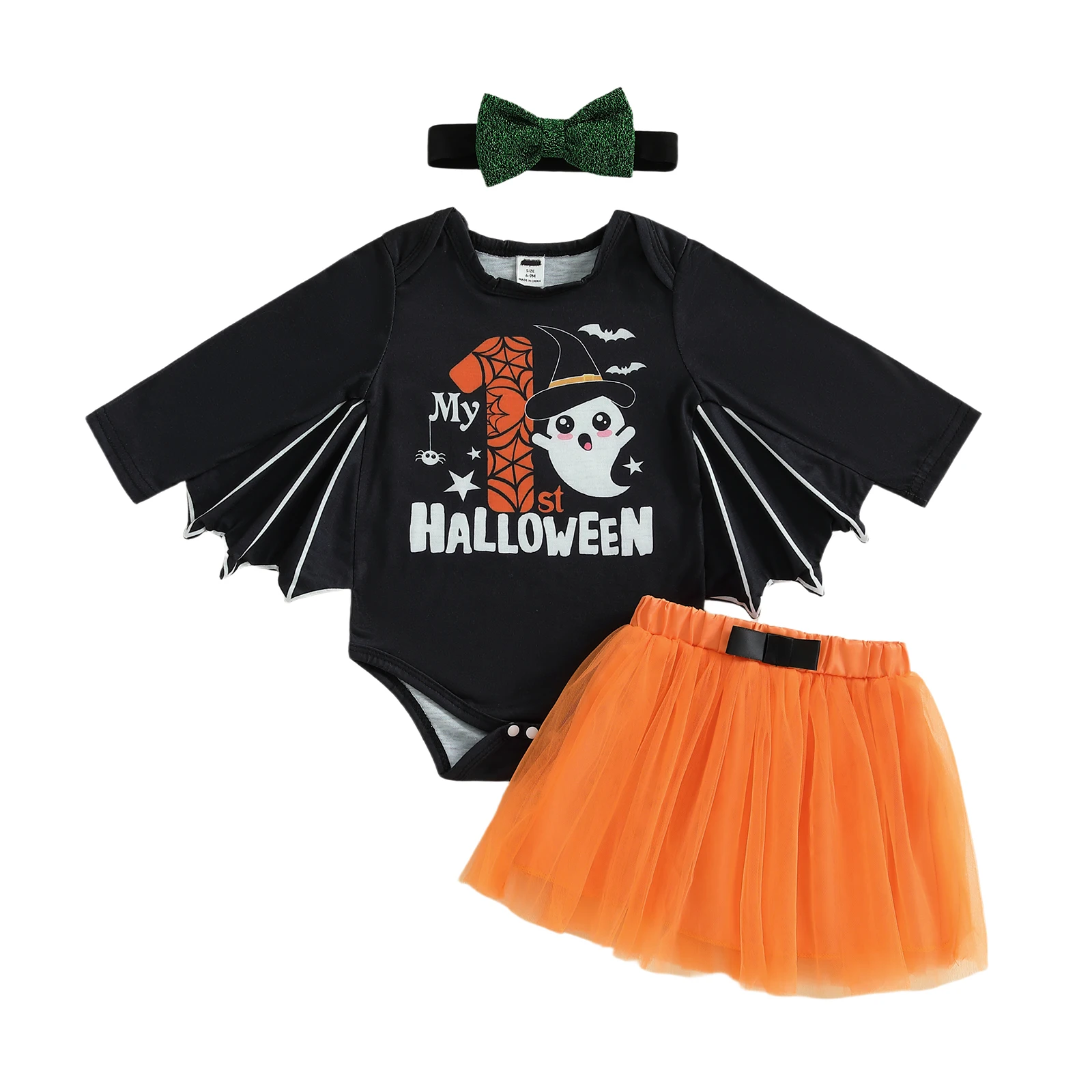 

Baby Girls 3-piece Outfit Long Sleeve Letters Ghost Print Romper with Tulle Skirt Bowknot Headband Halloween Clothes