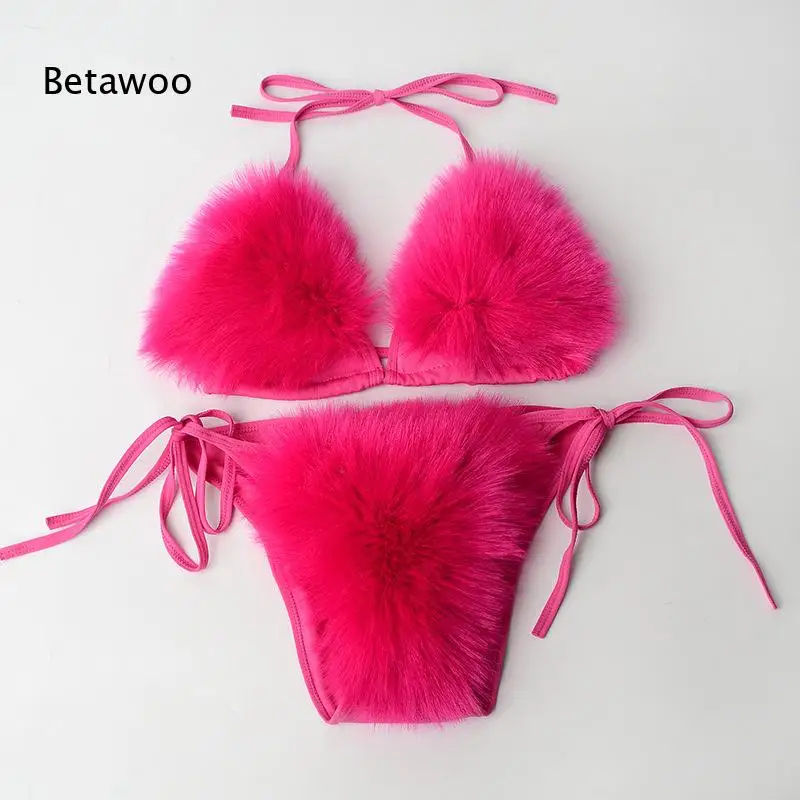 Fluffy Furry Decor Halter String High Cut Two Piece Swimwear