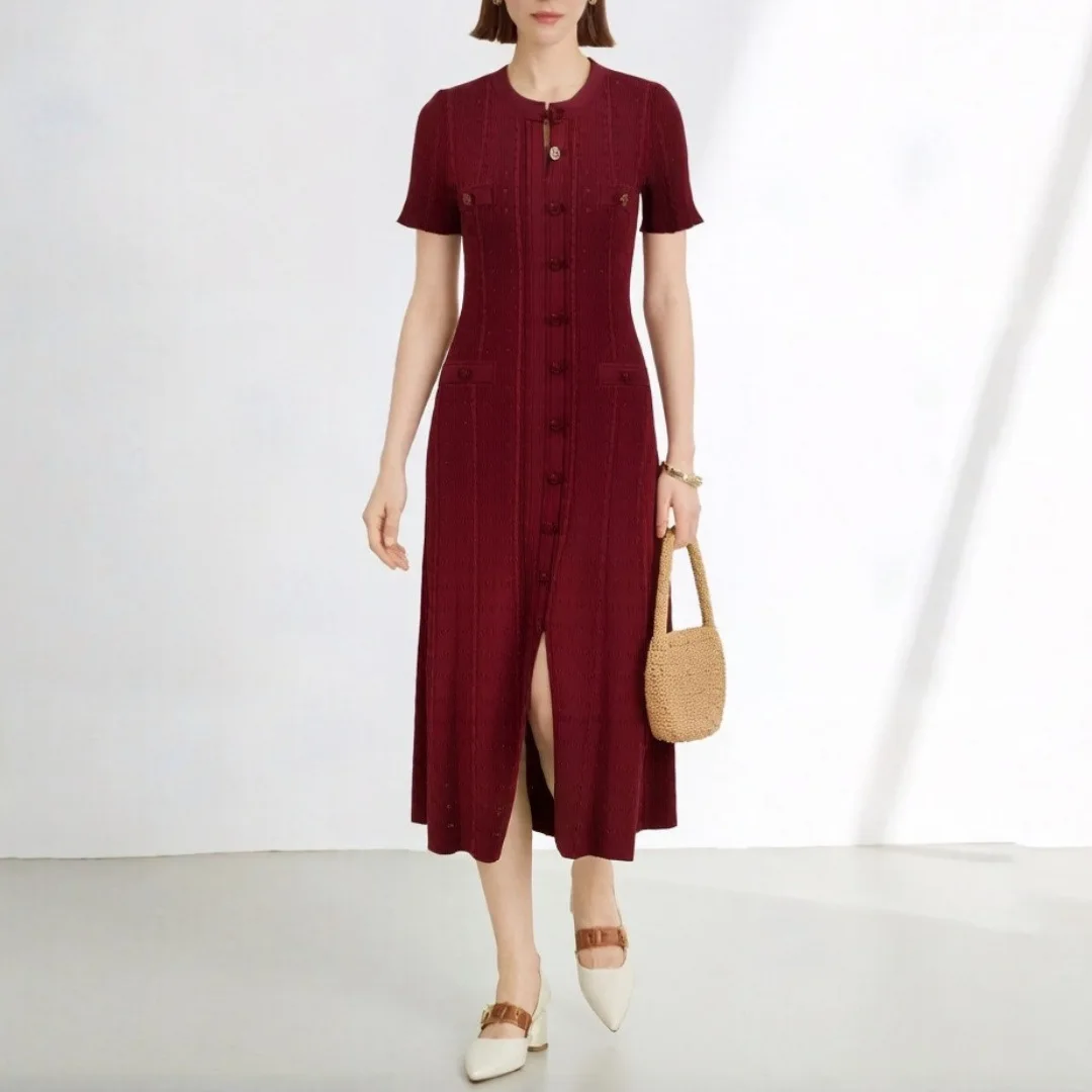 Temperament Elegant Knitted Split Fork Hollow Single-breasted Fashionable Waist Dress
