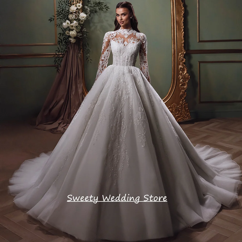 

High Quality Wedding Dress Customized High Neck Long Sleeves Sequined Applique Sweep Train Glitter Ball Gown Bride Dresses